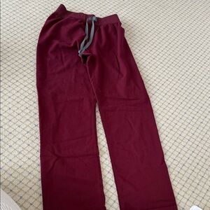 Figs Maroon Scrub Pants with Light Gray Drawstring